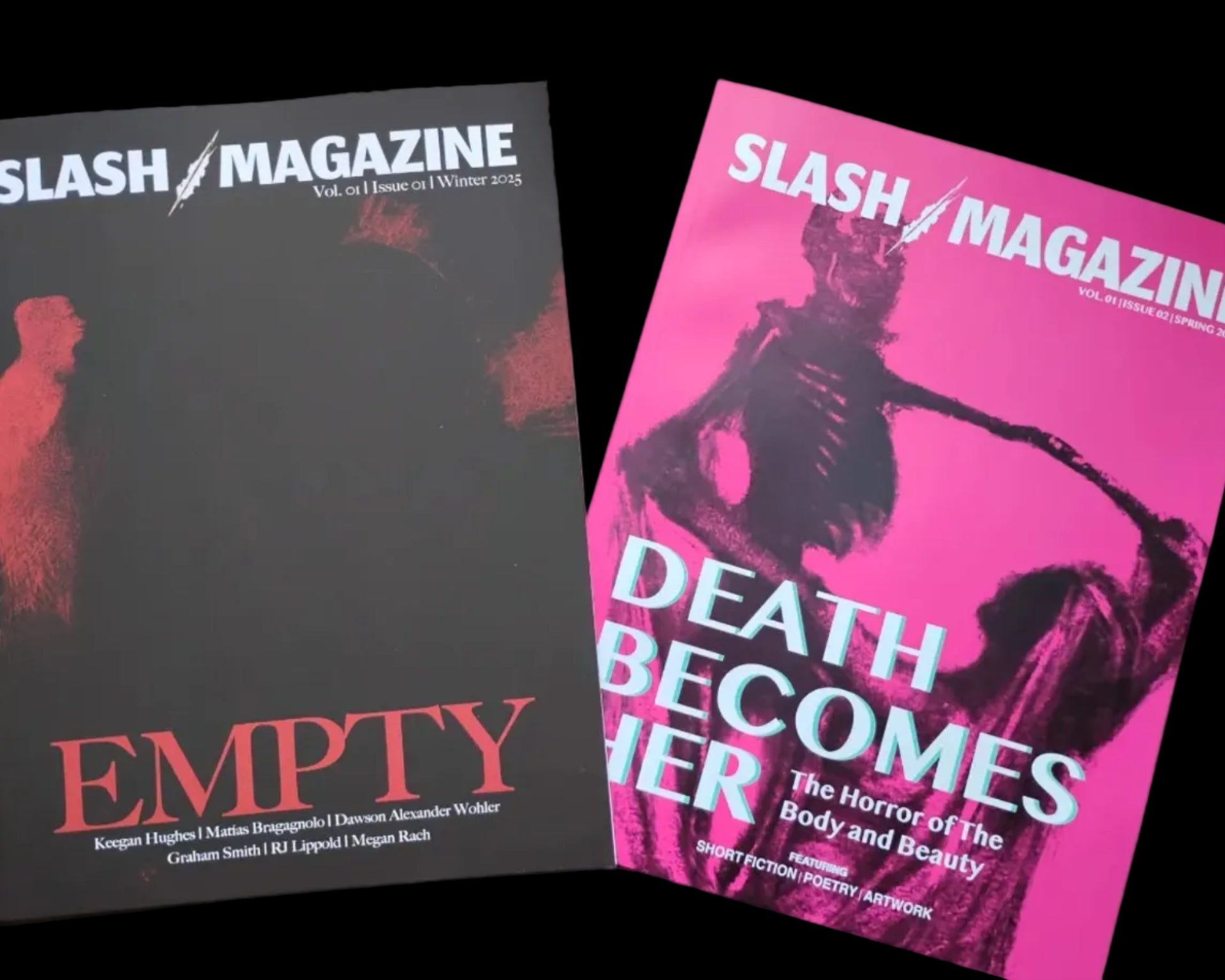 Two issues of Slash Magazine laid flat on a light wood surface. The top magazine is black with red and white text reading 'EMPTY' and the Slash Magazine logo.